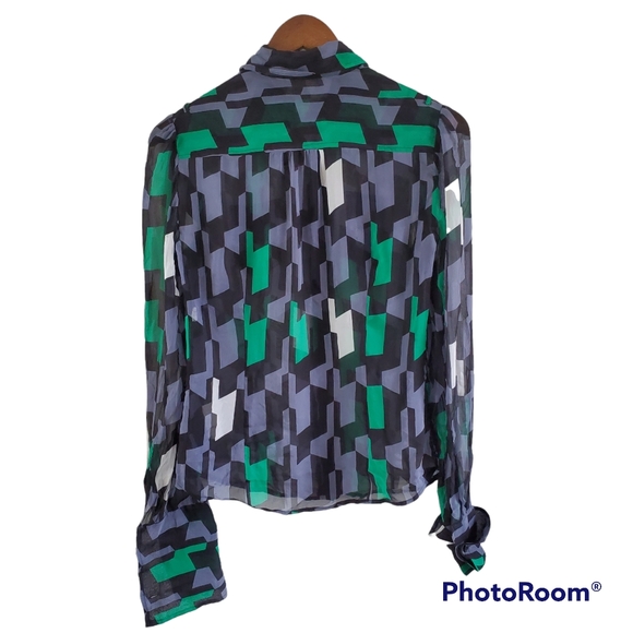 Diane von Furstenberg 100% Silk Green Black Button Blouse Top Womens Size 6 - Picture 6 of 7